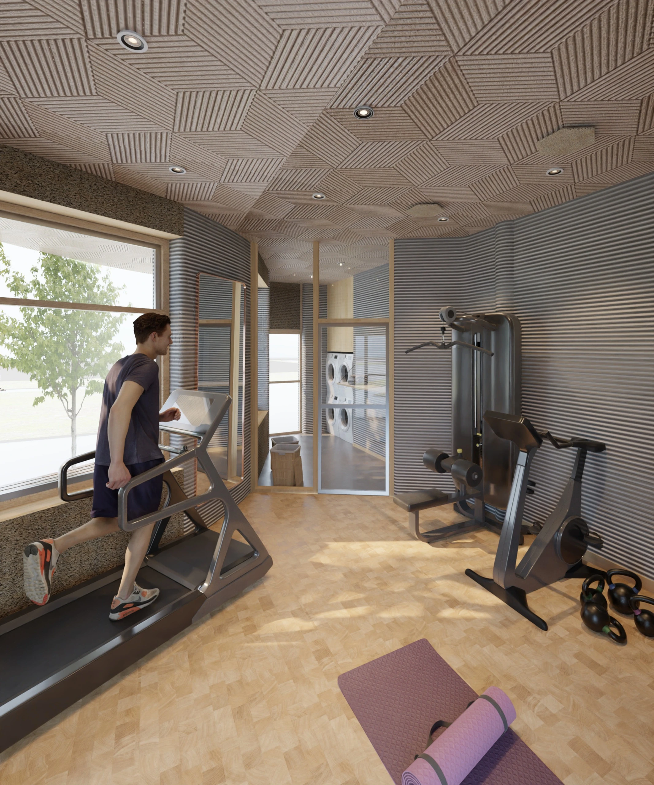 Render of the 3D-printed Community House interior, fitness room