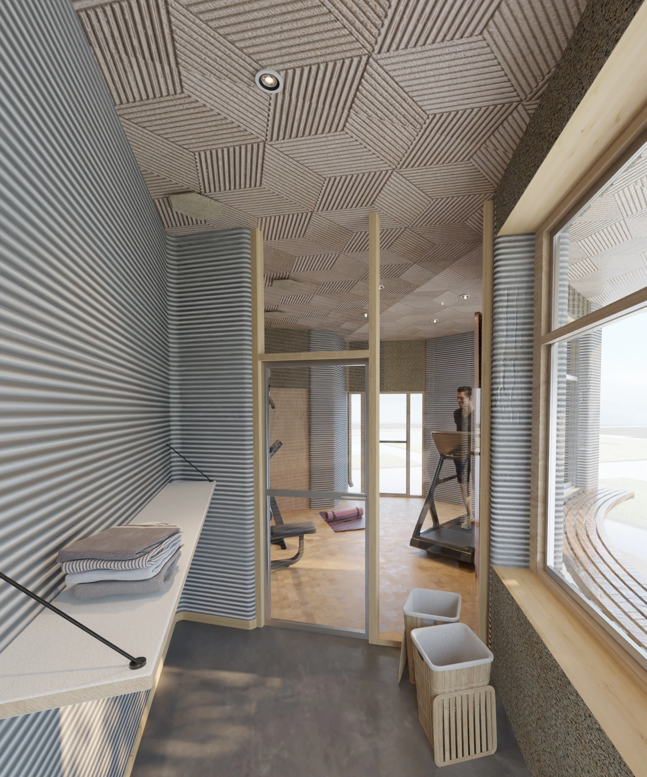 Render of the 3D-printed Community House interior, fitness room