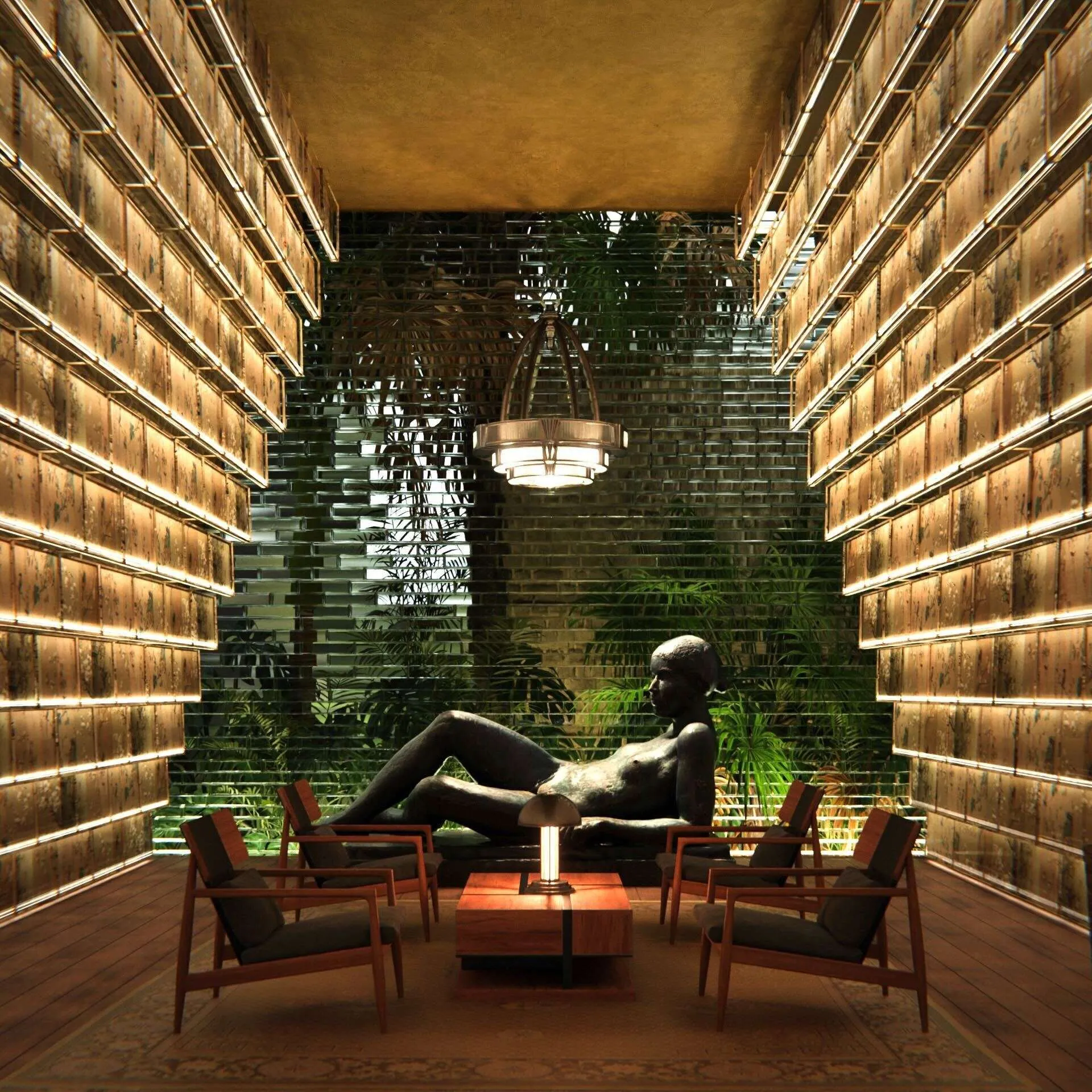 Reception area with statue