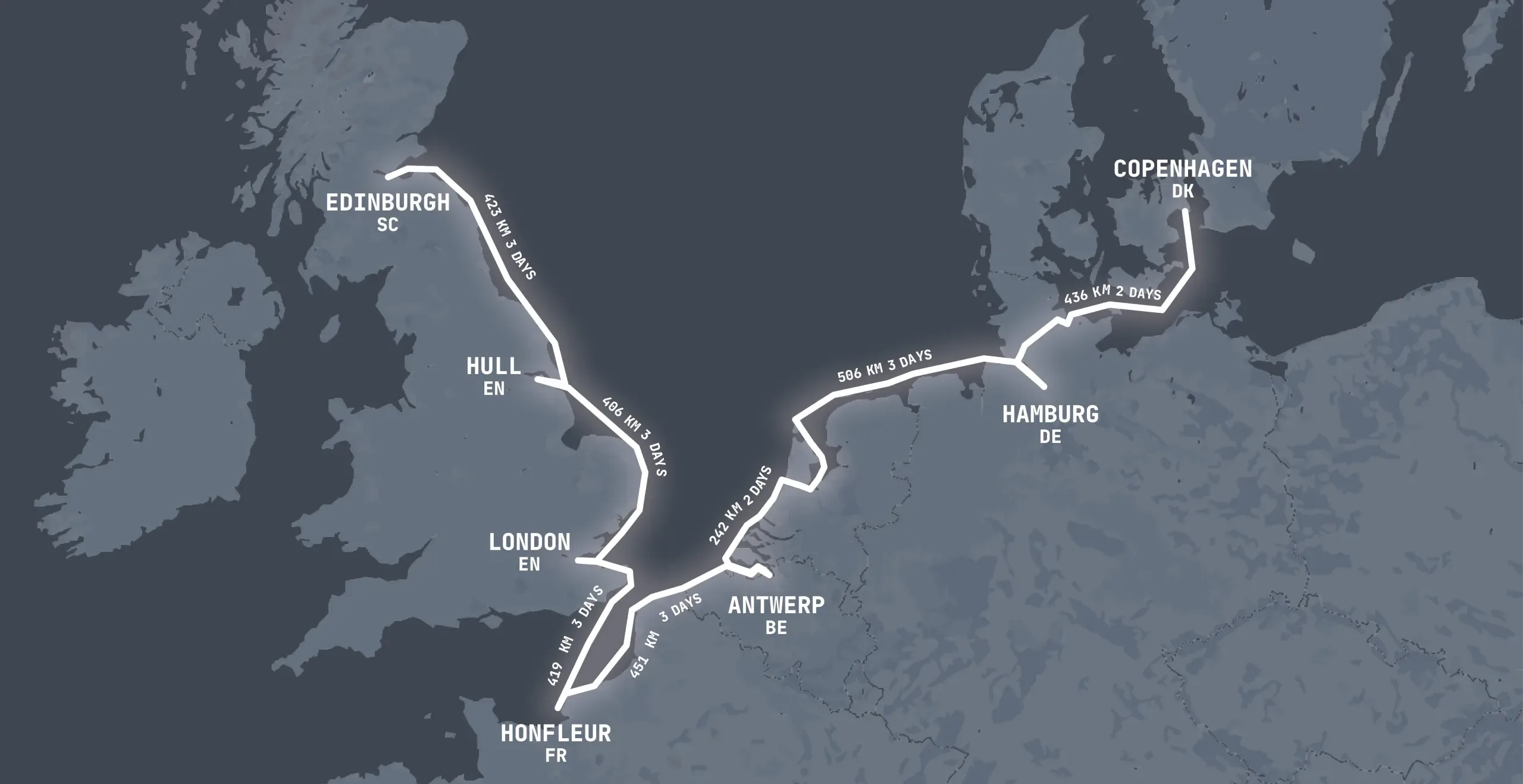Map of the maiden voyage route. The route is Copenhagen, Hamburg, Antwerp, Honfleur, London, Hull, EdinBurgh.