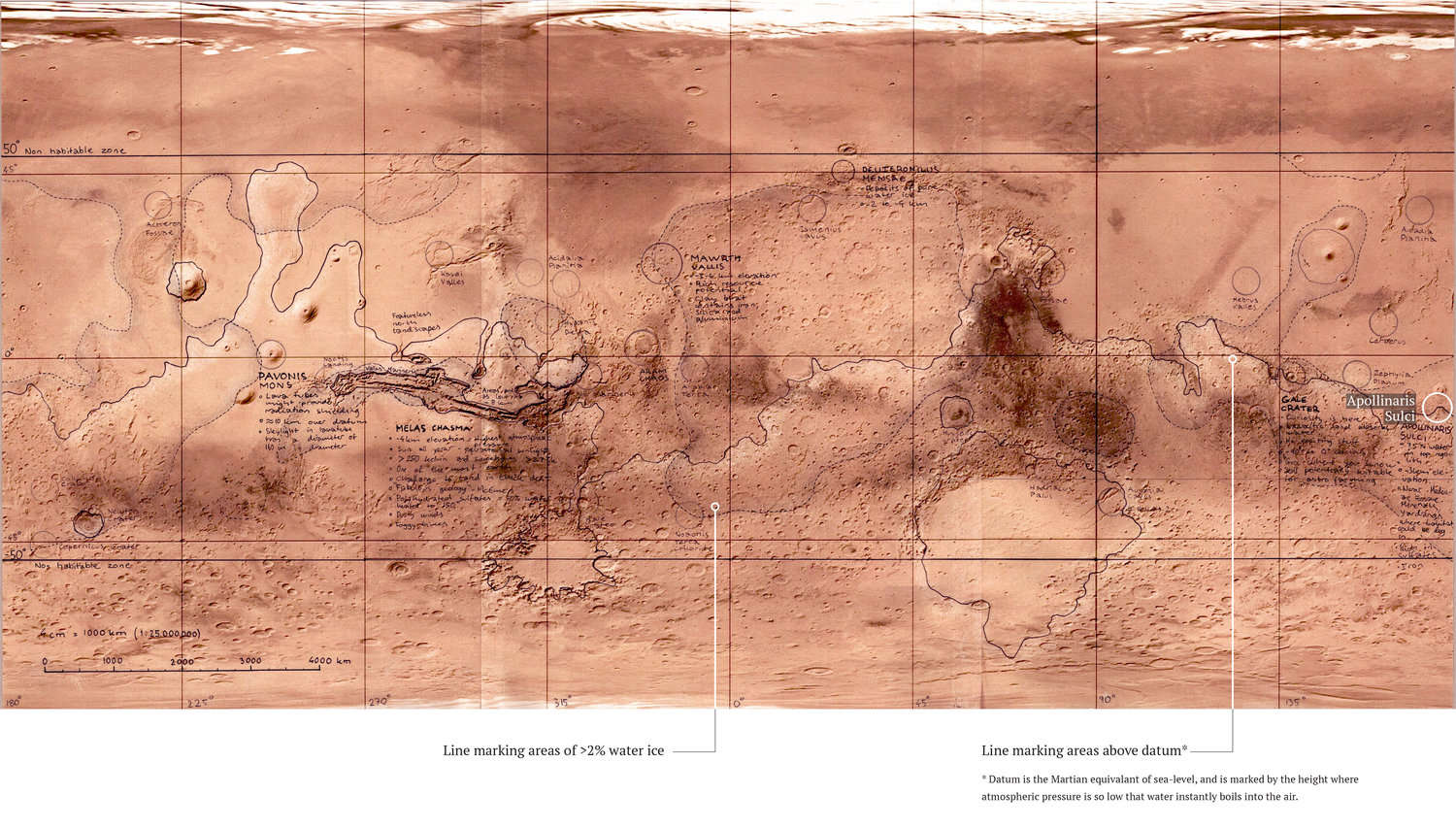 Map of Mars showing areas of interest.