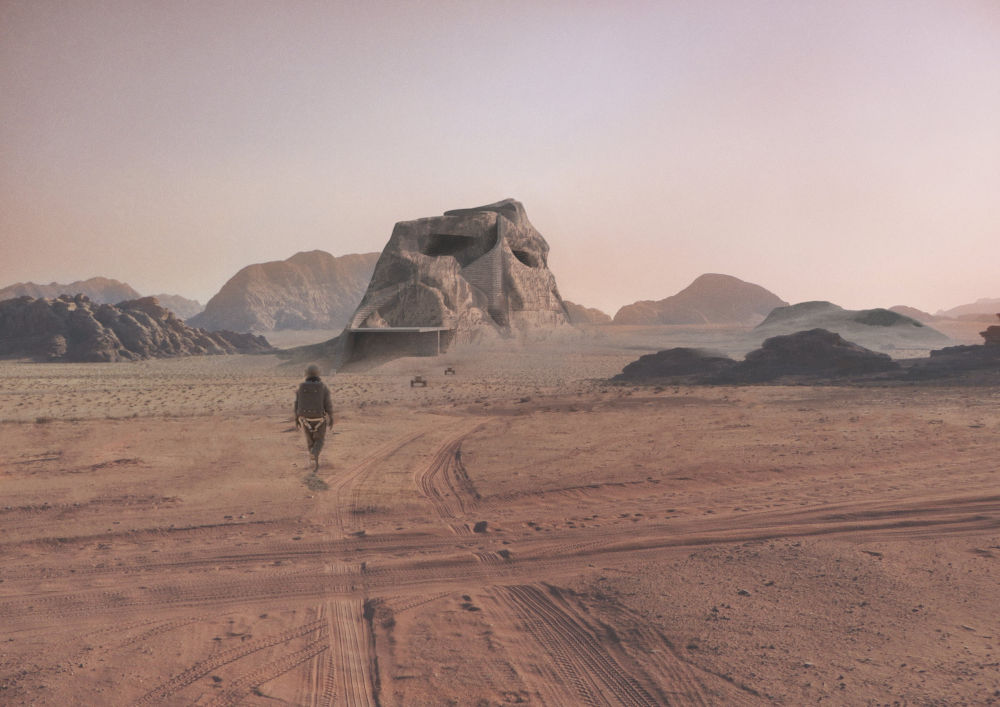 An astronaut walking towards the Cliff Colony on mars.