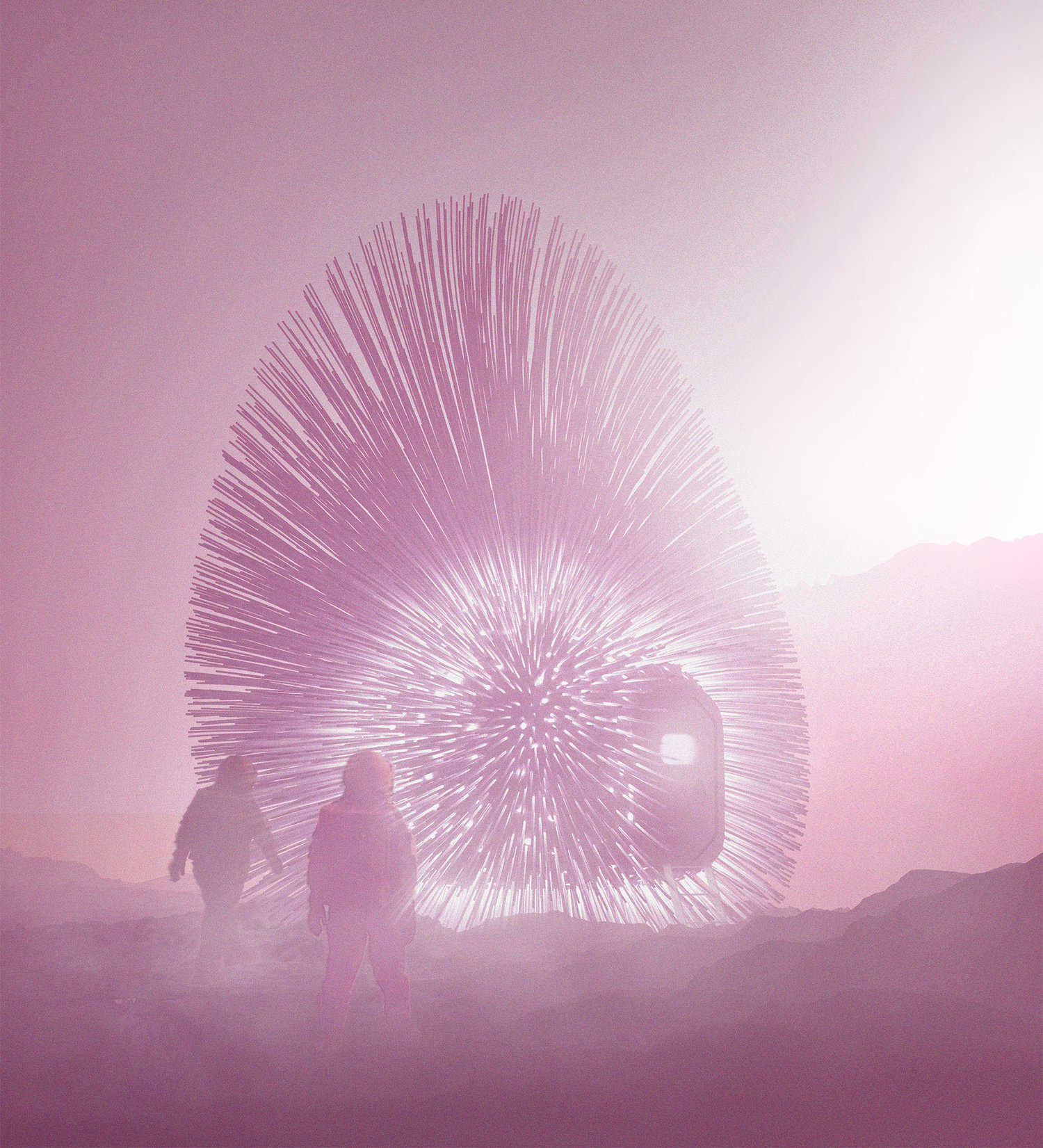 Two astronauts are walking towards the glowing dandelion shelter on mars.