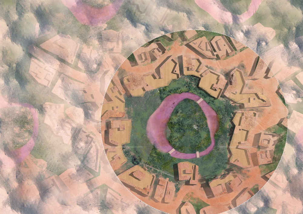 City plan, cutting through the Ice Sky. Showing dwellings and a torus-shaped river in the middle. The river is colored by the underlying growth lights.