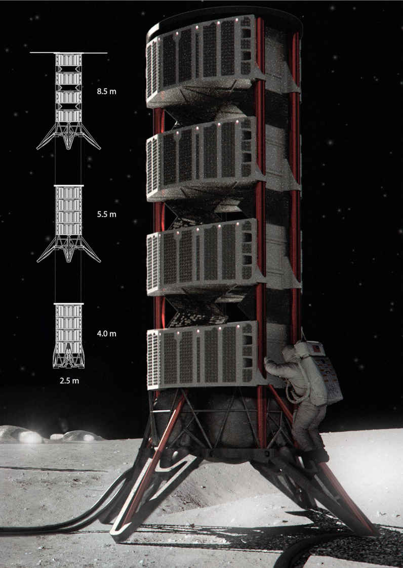 A Lunar Power Cell tower un close with an astronaut accessing it. It is 8.5 meters in full height, 5.5 meters collapsed, but with landing struts extended, and finally only 4.0 meters when completely packed up. It's width is 2.5 meters when the solar panels are closed.