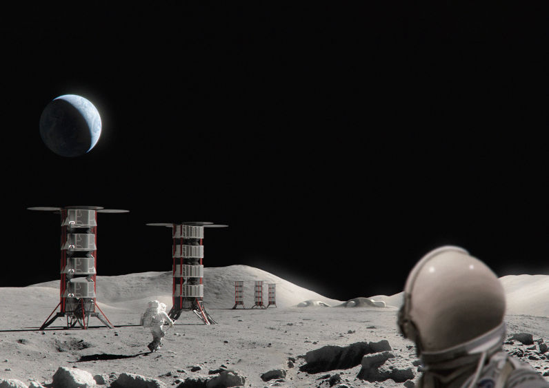 The several of the lunar power cell towers distributed across the moon landscape with astronauts walking in suits and the earth visible in the distance.